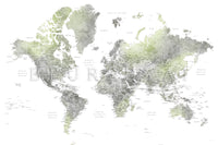 Custom world map print on rolled canvas, with cities and US state capitals. ALL COLOR CHOICES.