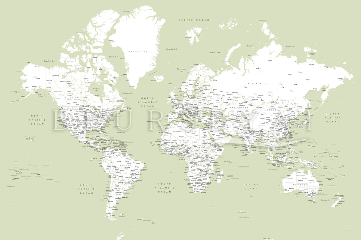 Custom world map print on rolled canvas, with cities and US state capitals. ALL COLOR CHOICES.