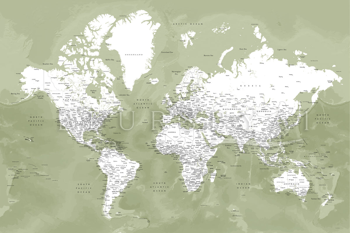 Art print on paper: custom detailed world map with cities and US state capitals. ALL COLOR CHOICES