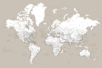 Art print on paper: custom detailed world map with cities and US state capitals. ALL COLOR CHOICES