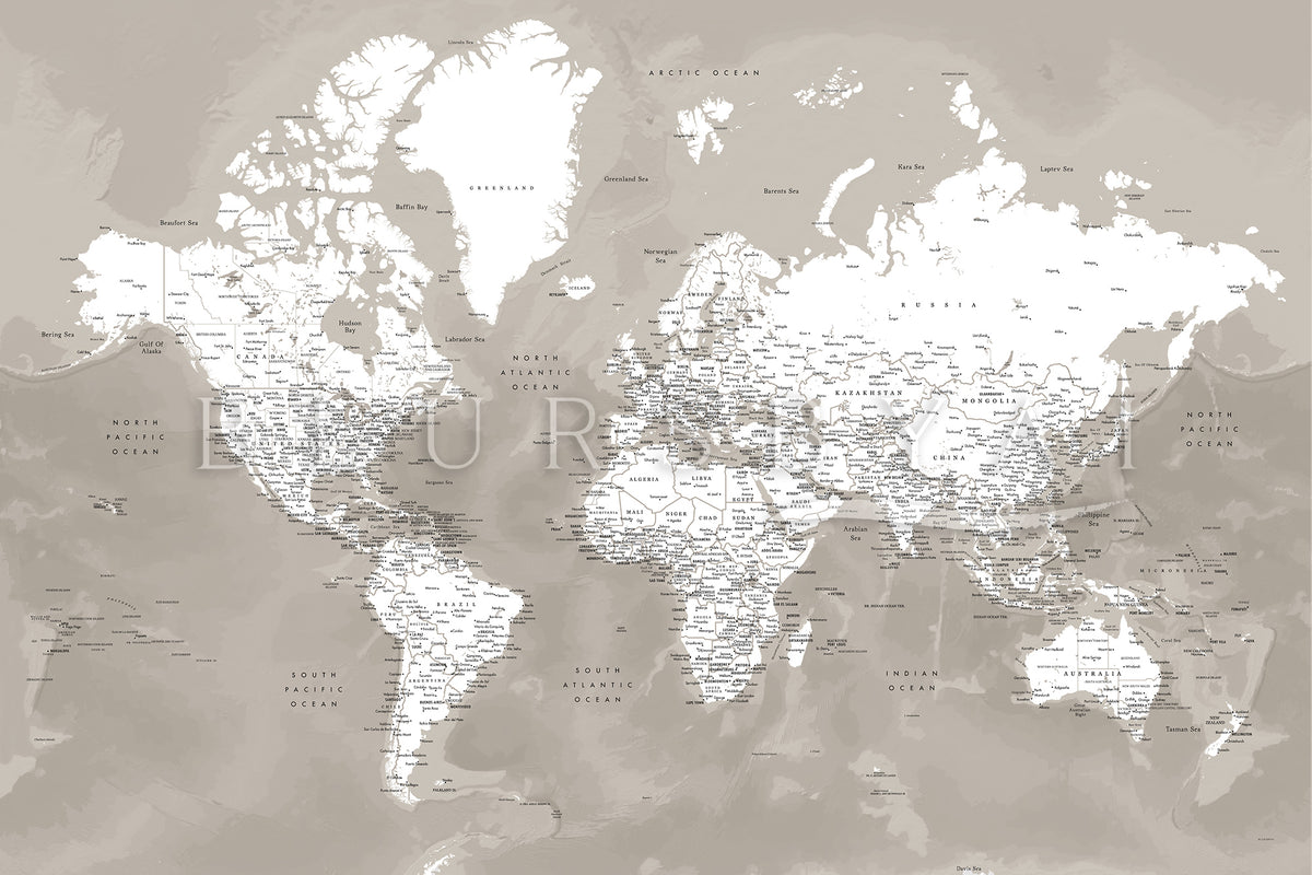 Custom world map print on rolled canvas, with cities and US state capitals. ALL COLOR CHOICES.