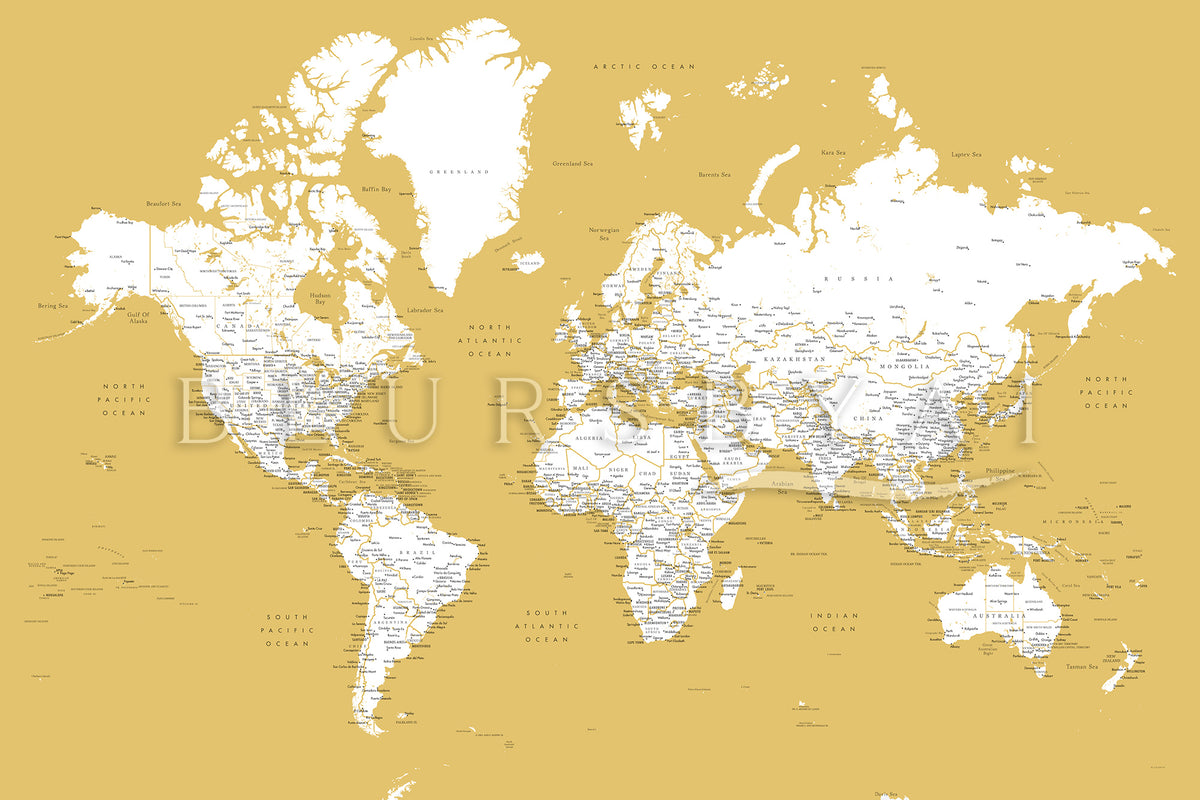 Art print on paper: custom detailed world map with cities and US state capitals. ALL COLOR CHOICES