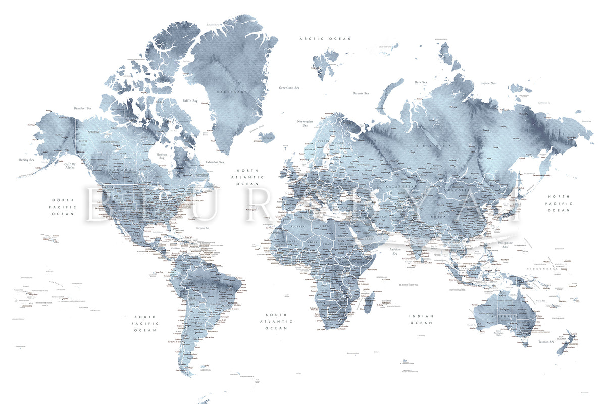 Art print on paper: custom detailed world map with cities and US state capitals. ALL COLOR CHOICES