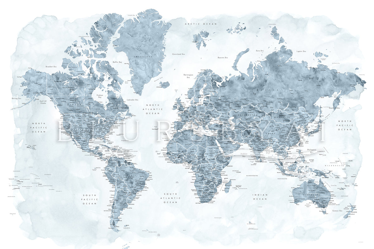 Art print on paper: custom detailed world map with cities and US state capitals. ALL COLOR CHOICES