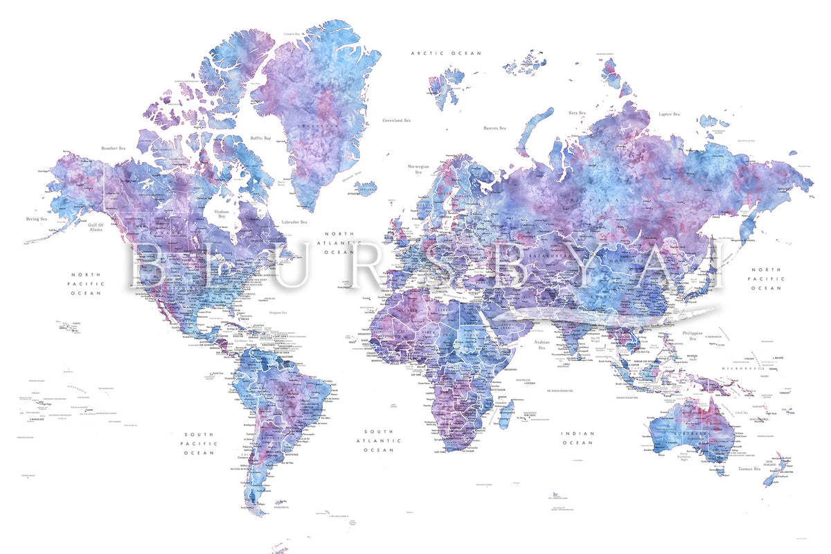 Art print on paper: custom detailed world map with cities and US state capitals. ALL COLOR CHOICES