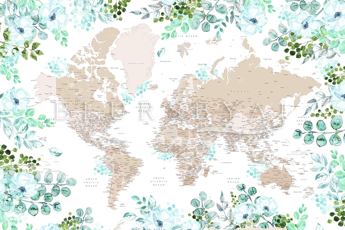 Art print on paper: custom detailed world map with cities and US state capitals. ALL COLOR CHOICES