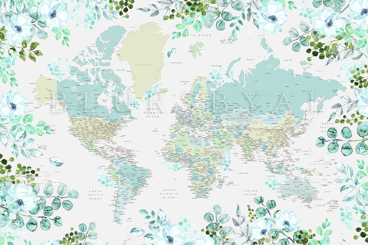 Art print on paper: custom detailed world map with cities and US state capitals. ALL COLOR CHOICES