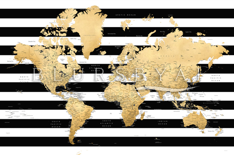Art print on paper: custom detailed world map with cities and US state capitals. ALL COLOR CHOICES
