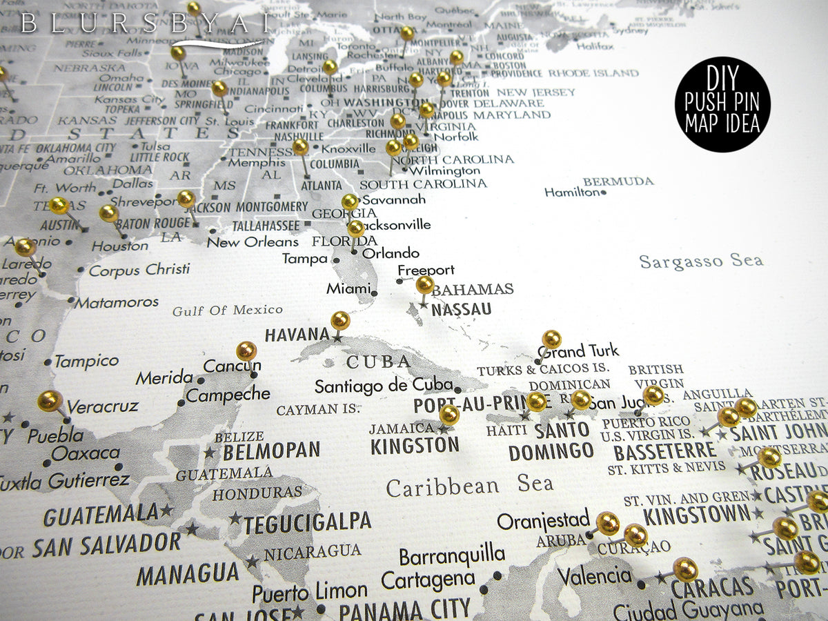 Art print on paper: custom world map with state capitals, cities and countries in grayscale watercolor. "Jimmy"
