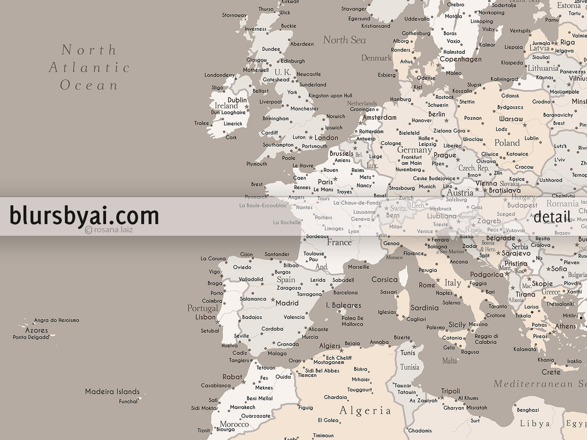 Custom map print: map of Europe with countries and cities in light earth tones