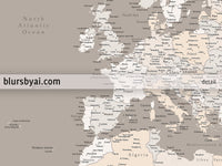Custom map print: map of Europe with countries and cities in light earth tones