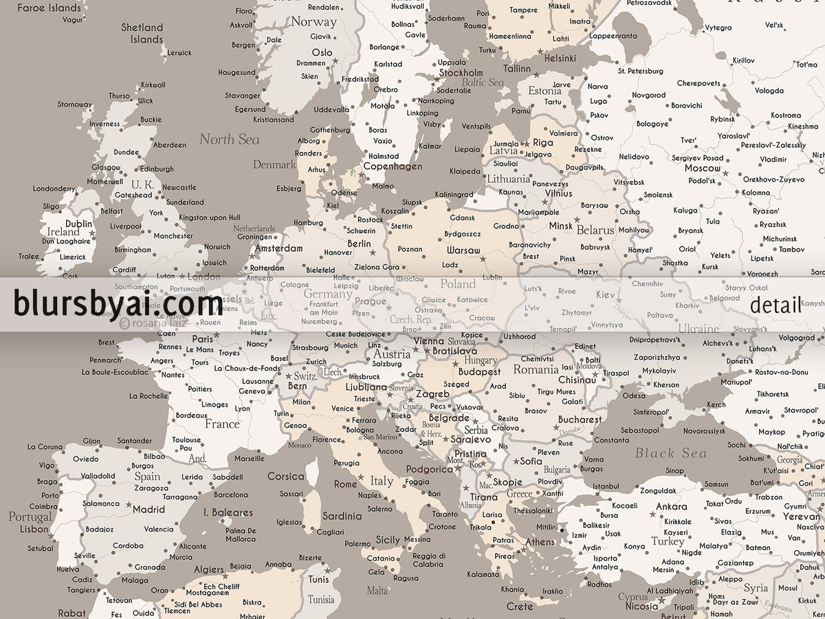 Custom map print: map of Europe with countries and cities in light earth tones