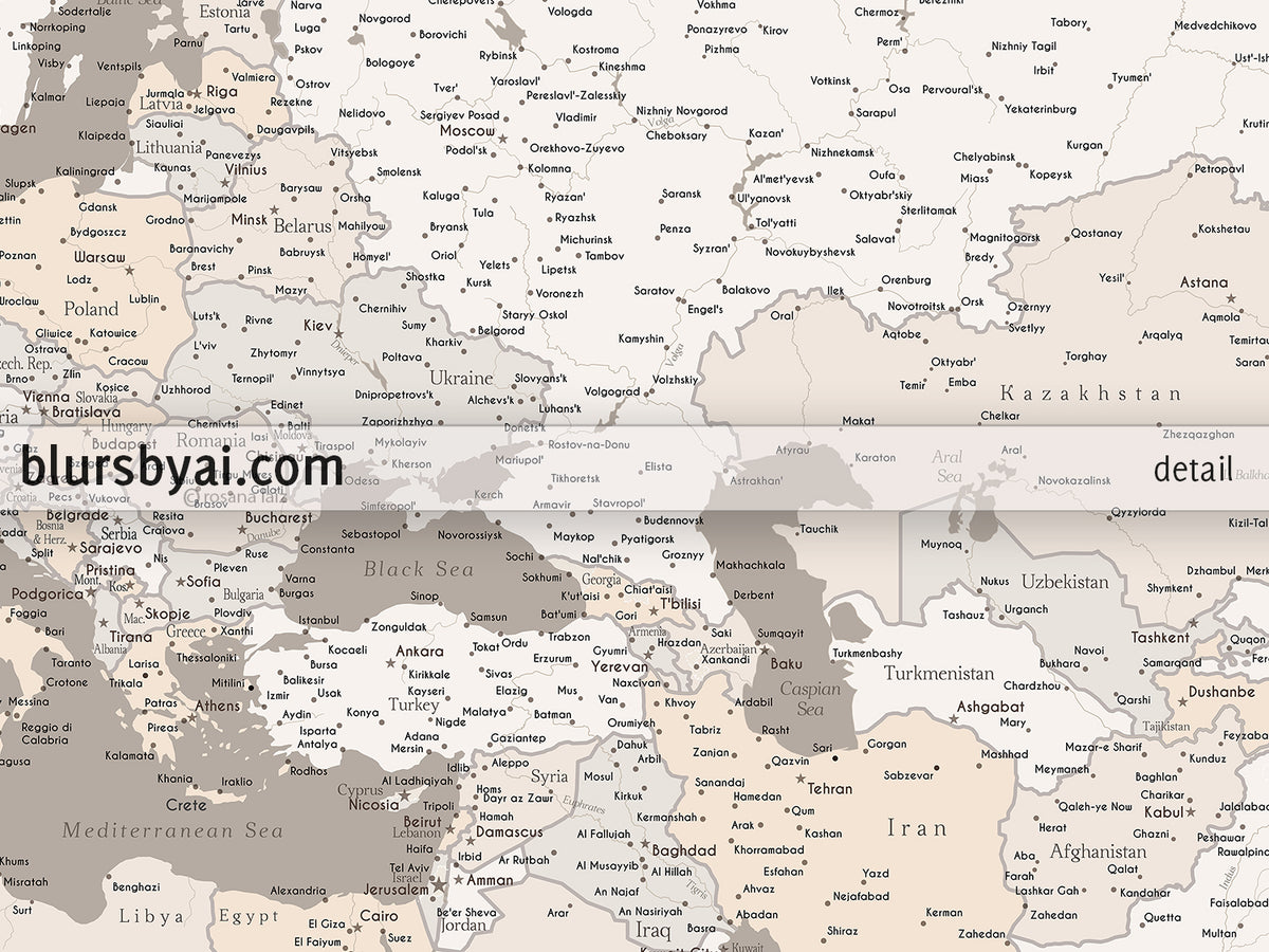 Custom map print: map of Europe with countries and cities in light earth tones