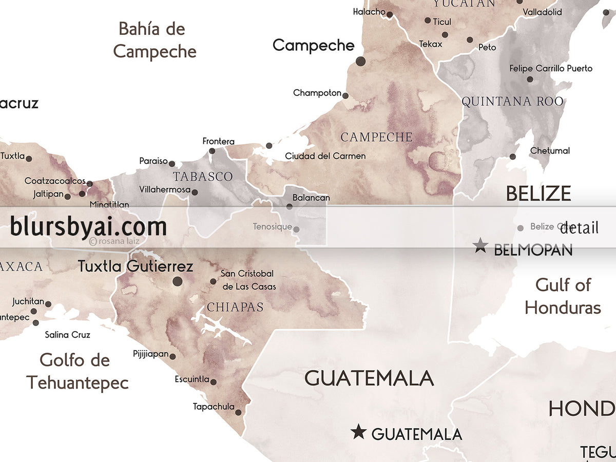 Custom map print of Mexico in neutral watercolor. "Abey"