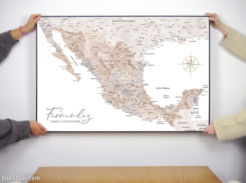 Custom map print of Mexico in neutral watercolor. "Abey"