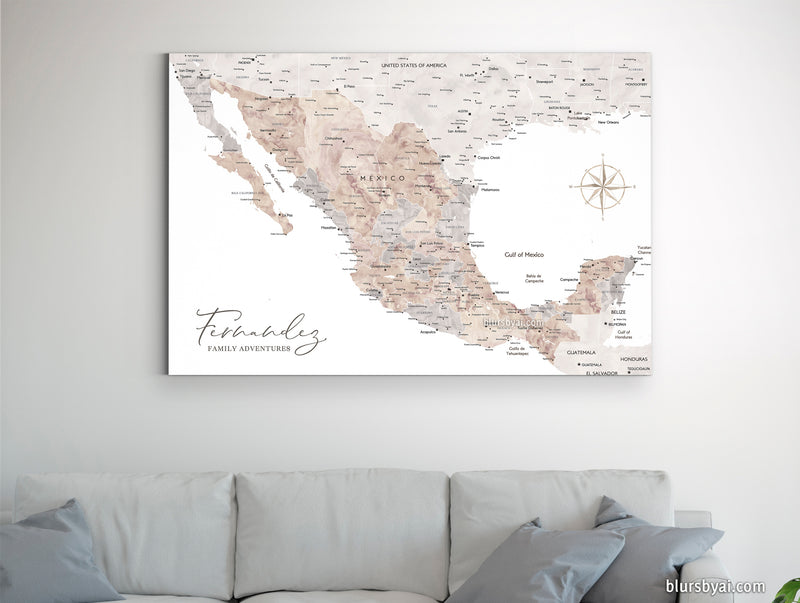 Personalized map of Mexico, canvas print or push pin map in watercolor neutrals. "Abey"