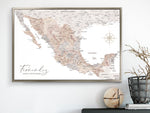 Personalized map of Mexico, canvas print or push pin map in watercolor neutrals. "Abey"