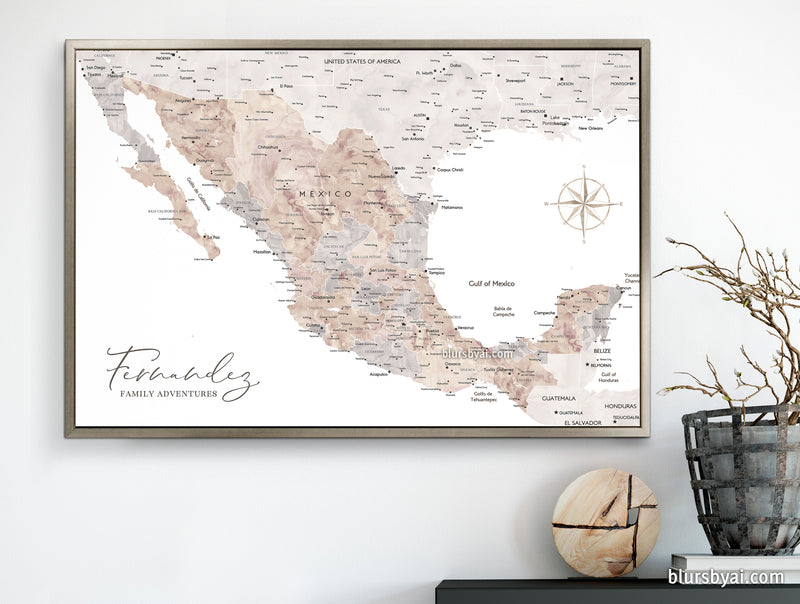Personalized map of Mexico, canvas print or push pin map in watercolor neutrals. "Abey"