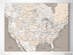 Small customized USA canvas print or push pin map, 12x9". "Light earth tones"