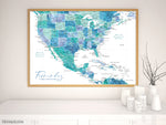Custom map print: USA, Mexico and the Caribbean Sea in turquoise watercolor. "Peaceful waters"