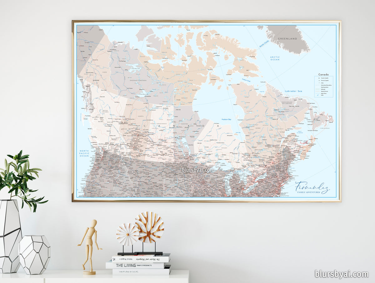 Custom map print: highly detailed map of Canada with roads. "Keane"