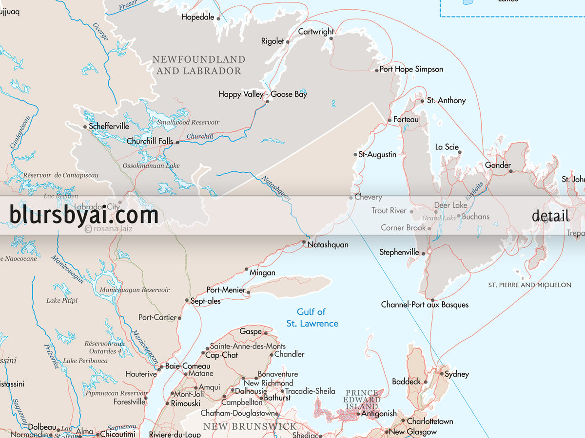 Custom map print: highly detailed map of Canada with roads. "Keane"