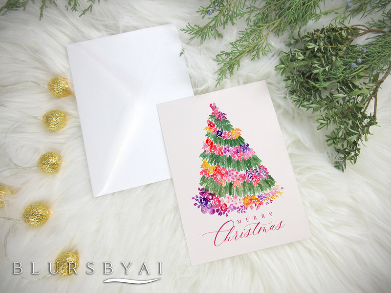 Printable holiday decoration: Floral Christmas tree watercolor illustration - Personal use