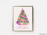 Printable holiday decoration: Floral Christmas tree watercolor illustration - Personal use