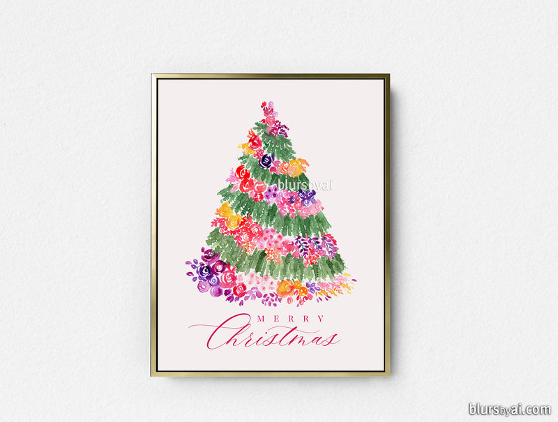 Printable holiday decoration: Floral Christmas tree watercolor illustration - Personal use