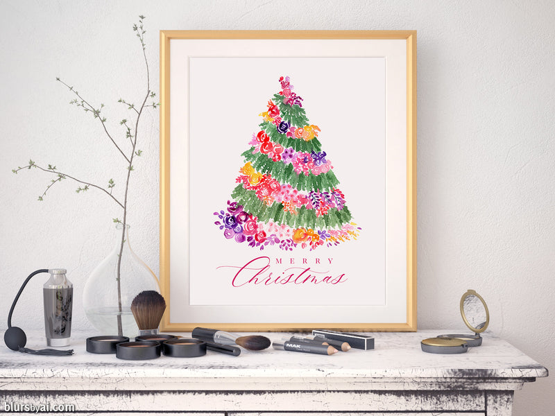 Printable holiday decoration: Floral Christmas tree watercolor illustration - Personal use