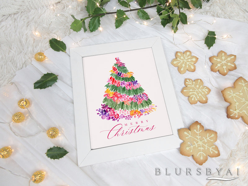 Printable holiday decoration: Floral Christmas tree watercolor illustration - Personal use