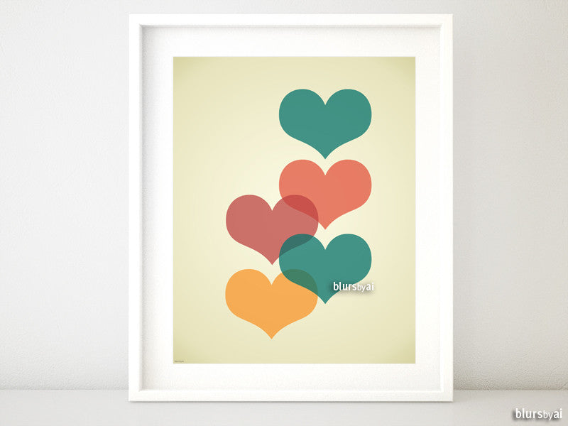 Mid century modern printable art featuring colorful hearts - Personal use