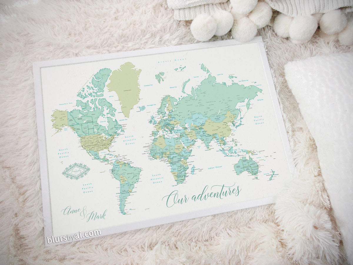Art print on paper: custom world map with cities in dreamy mint and green. "Ninfa"