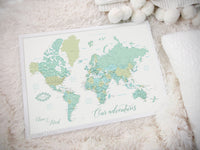 Art print on paper: custom world map with cities in dreamy mint and green. "Ninfa"
