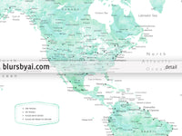 Custom print: world map with cities in mint watercolor. "Desie"