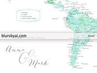 Custom print: world map with cities in mint watercolor. "Desie"