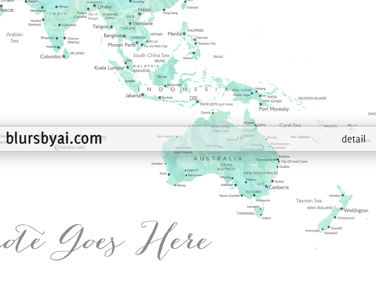 Custom print: world map with cities in mint watercolor. "Desie"