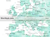 Custom print: world map with cities in mint watercolor. "Desie"