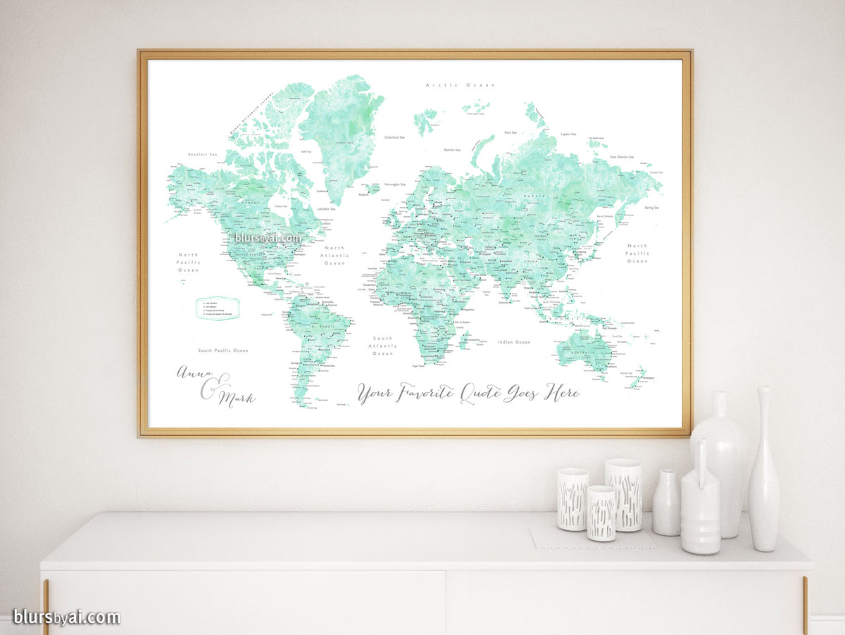 Custom print: world map with cities in mint watercolor. "Desie"