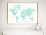 Custom print: world map with cities in mint watercolor. "Desie"
