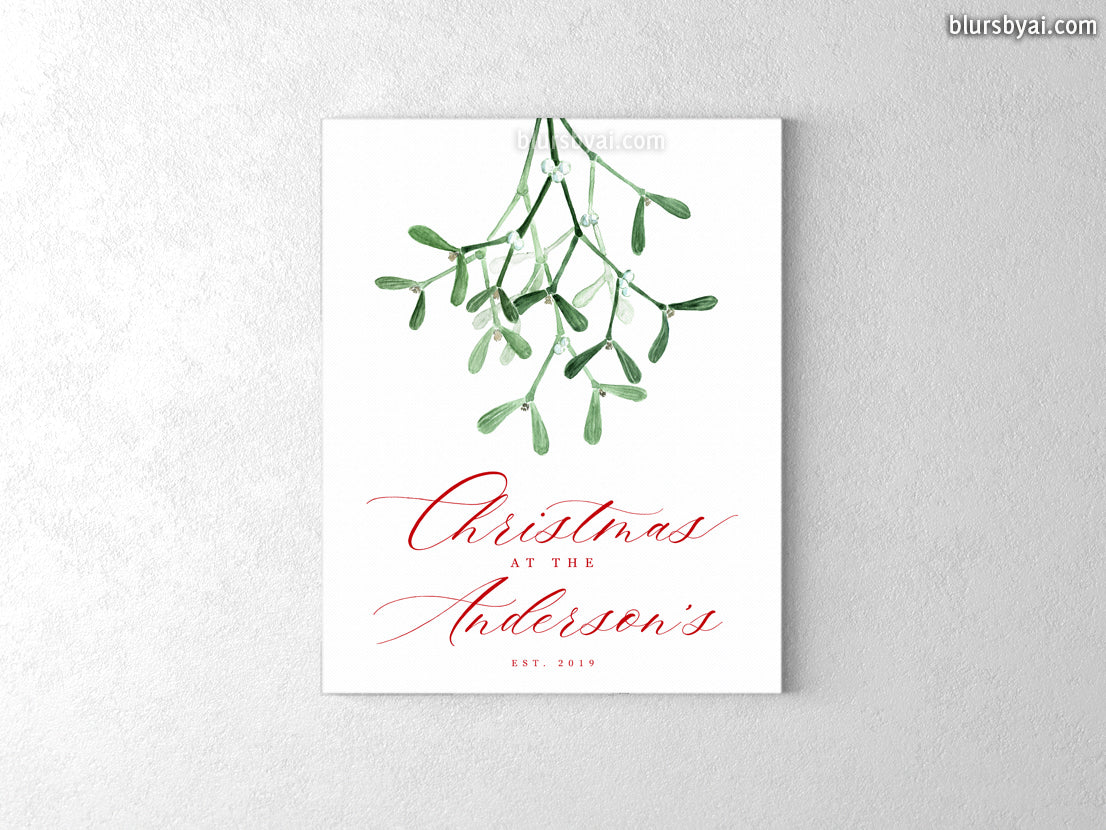 Custom family name canvas print, "Christmas at home" with watercolor mistletoe