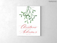 Custom family name canvas print, "Christmas at home" with watercolor mistletoe