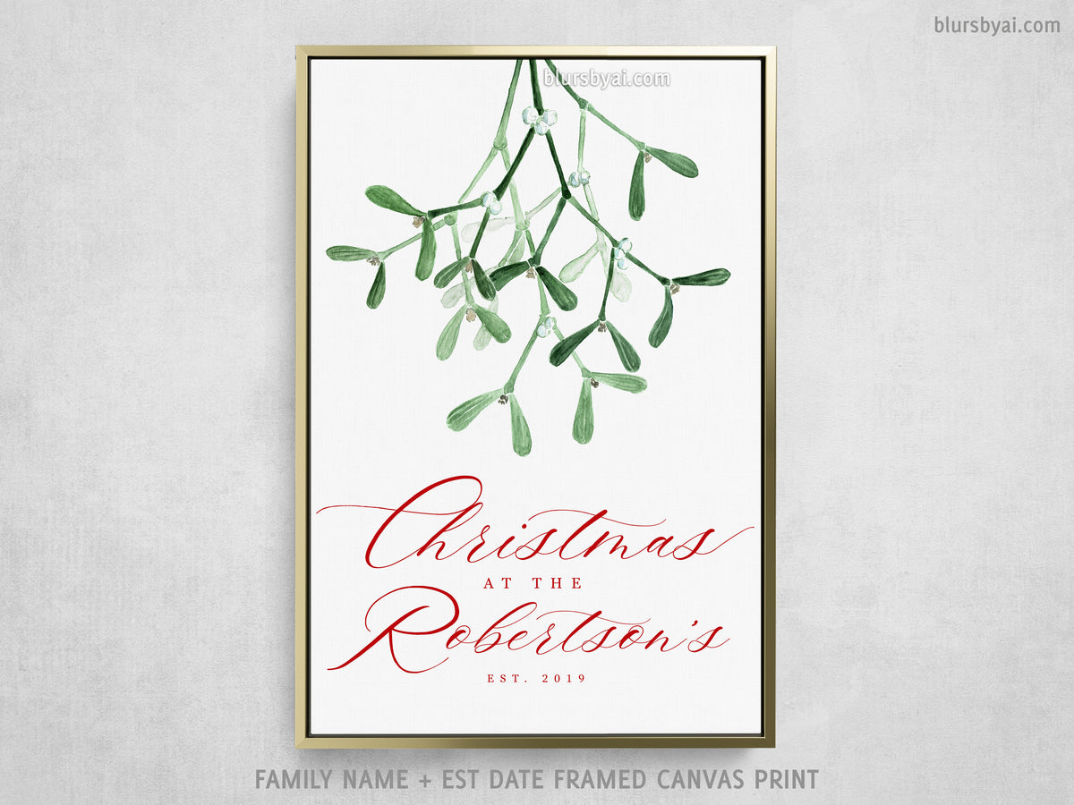 Custom family name canvas print, "Christmas at home" with watercolor mistletoe