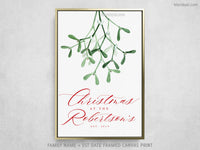 Custom family name canvas print, "Christmas at home" with watercolor mistletoe