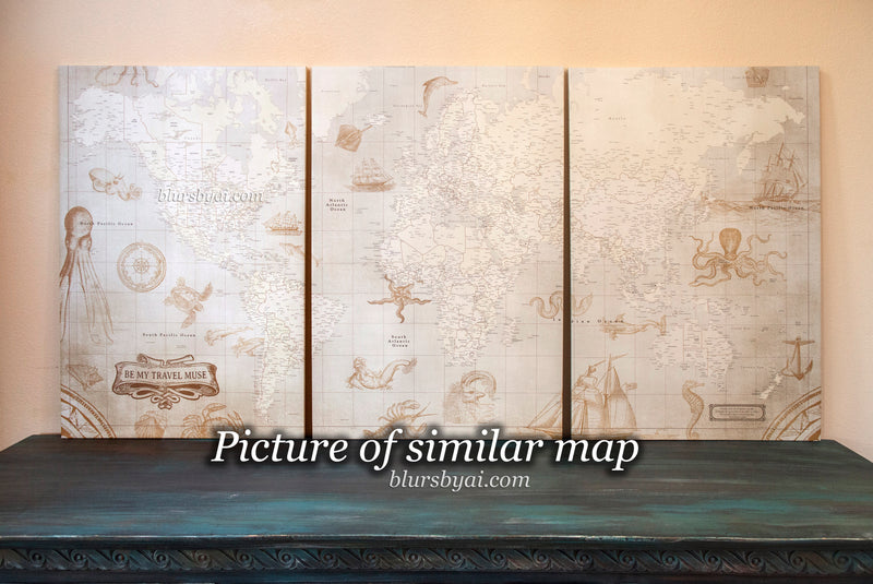 Multi panel world map canvas print or push pin map, highly detailed world map with cities. "Peaceful waters"