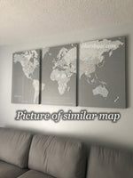 Multi panel world map canvas print or push pin map, highly detailed world map with cities. "Peaceful waters"