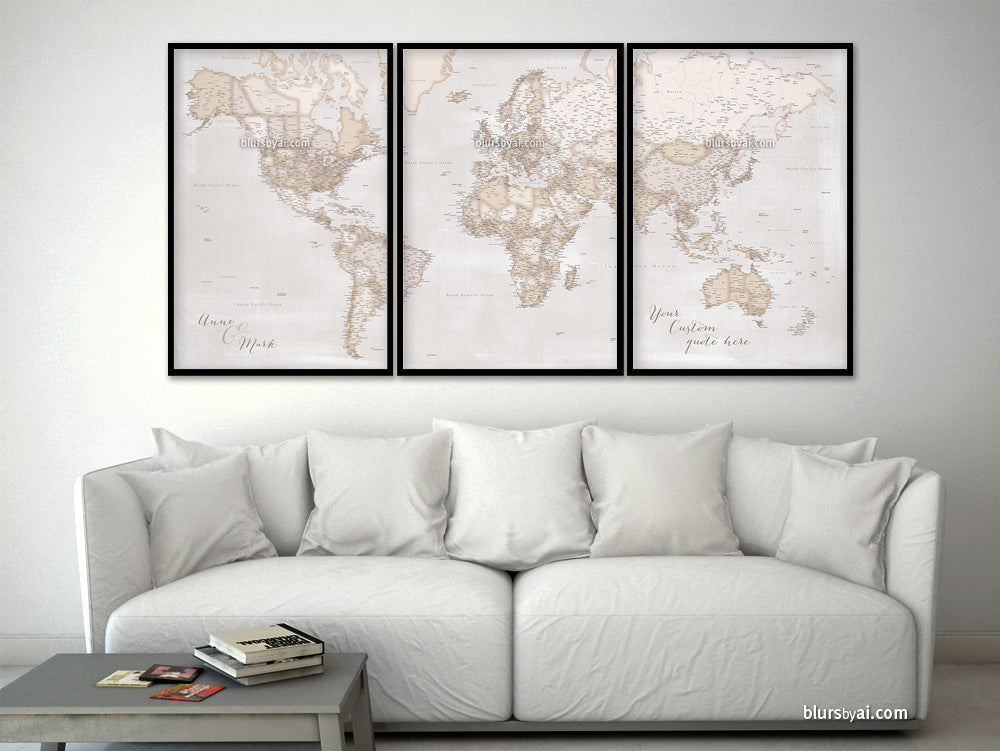 Multi panel, custom highly detailed world map print - Rustic world map with cities. "Lucille"