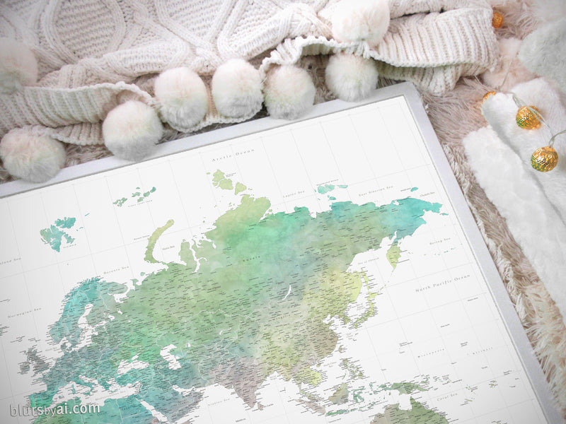 Custom world map print - highly detailed map with cities in muted green, yellow and grey watercolor. "Oriole"