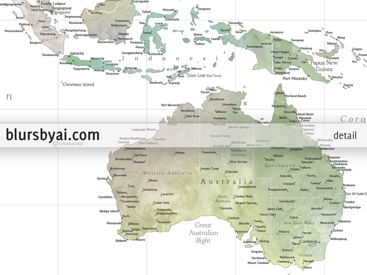 Custom world map print - highly detailed map with cities in muted green, yellow and grey watercolor. "Oriole"