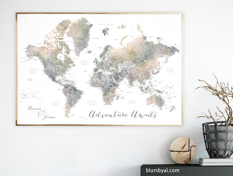 Art print on paper: personalized world map with state capitals, cities and countries in muted watercolor. "Habiki"